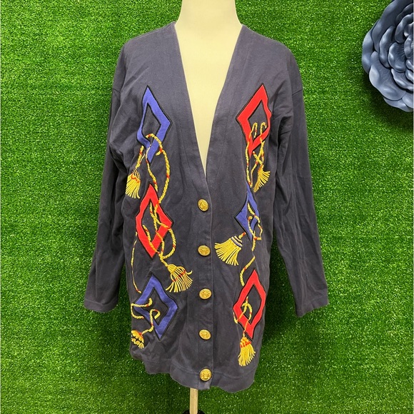 Ms. Chaus knit vintage blue cardigan with gold buttons size large - Picture 1 of 9